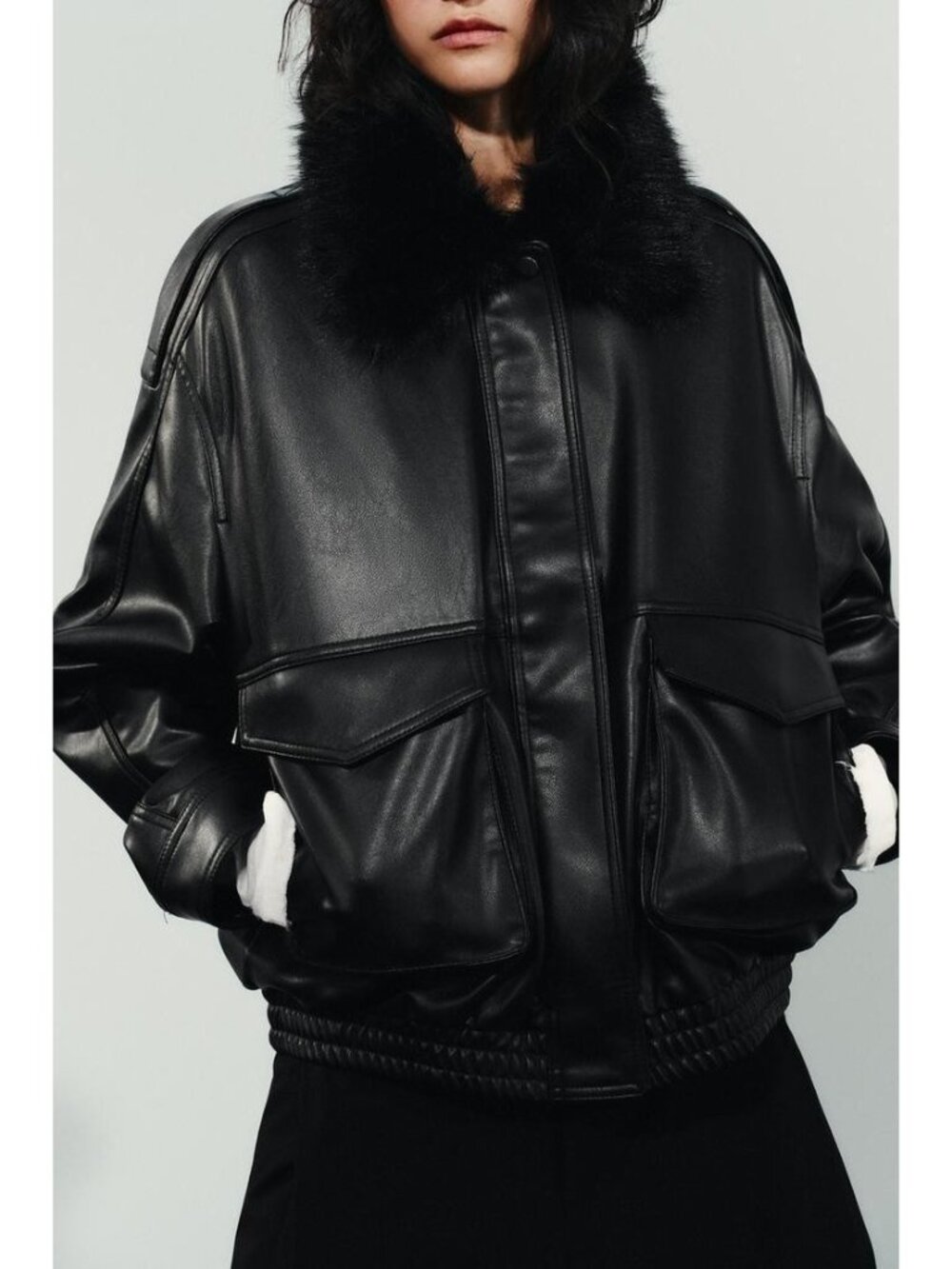 Zara Womens bomber Jacket Detachable Faux Fur Collar S Black 4341/781 NWT